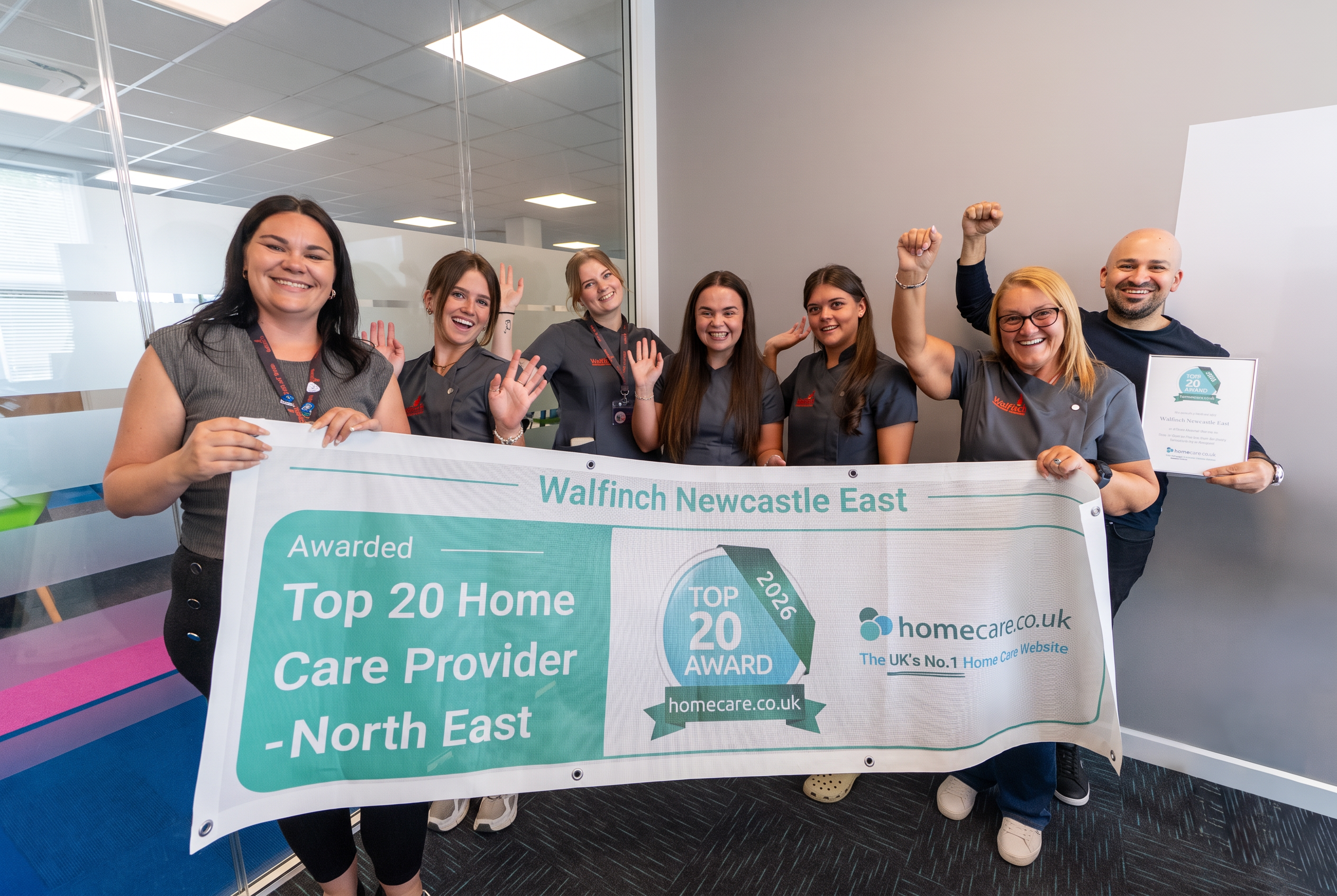 The Walfinch Newcastle team celebrating their Top 20 Home Care Provider North East award from homecare.co.uk