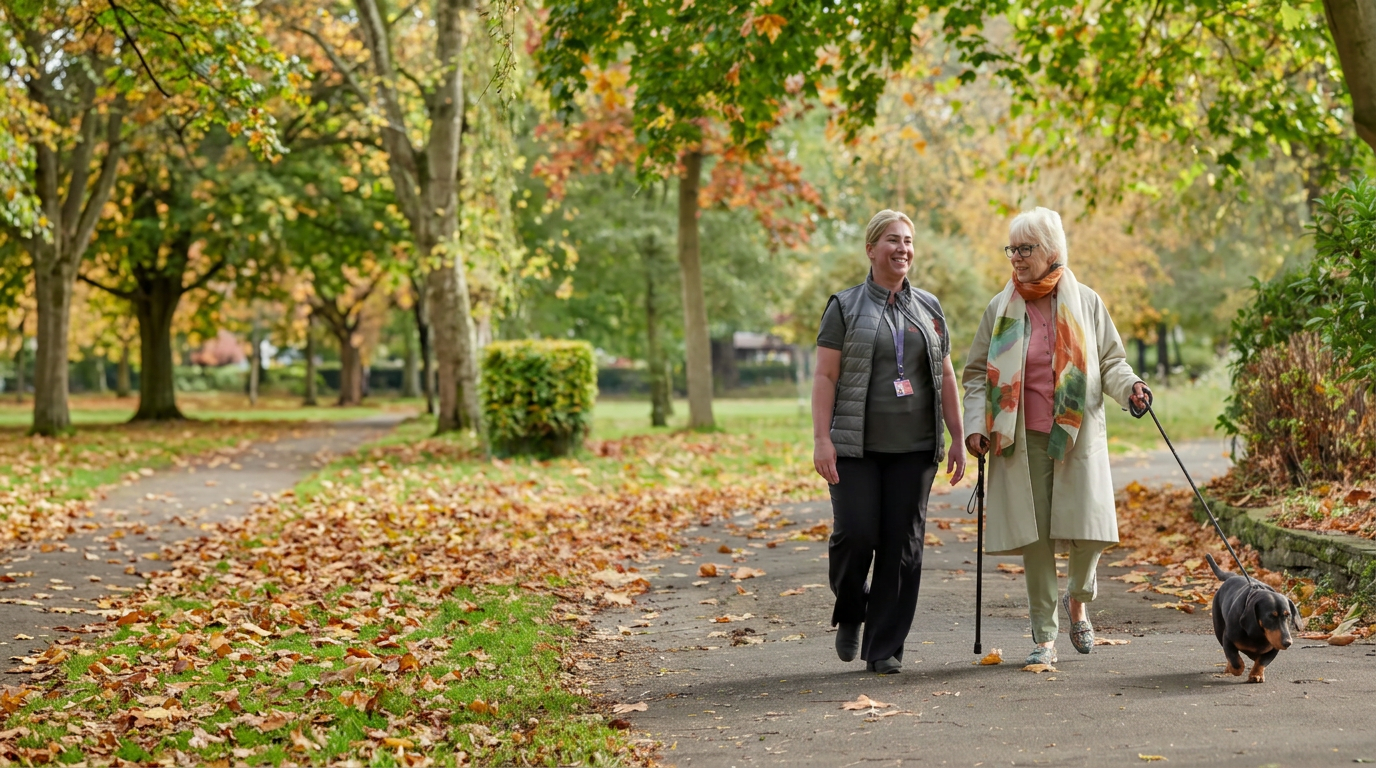 Walfinch Newcastle carer walking in the park with an older client and her dog.